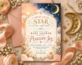The image is a baby shower invitation featuring a night sky and stars theme, with a pink and gold color scheme.