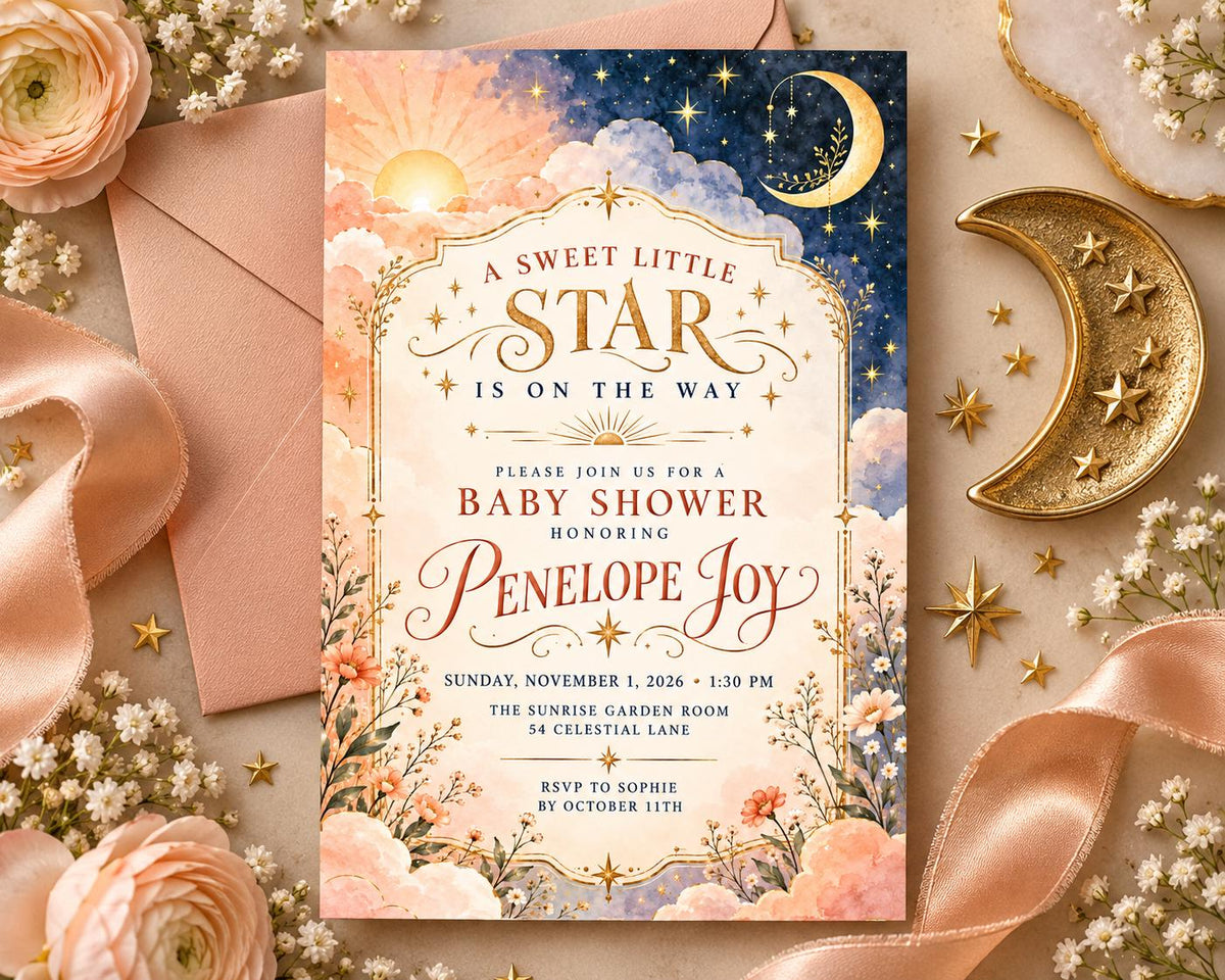 The image is a baby shower invitation featuring a night sky and stars theme, with a pink and gold color scheme.