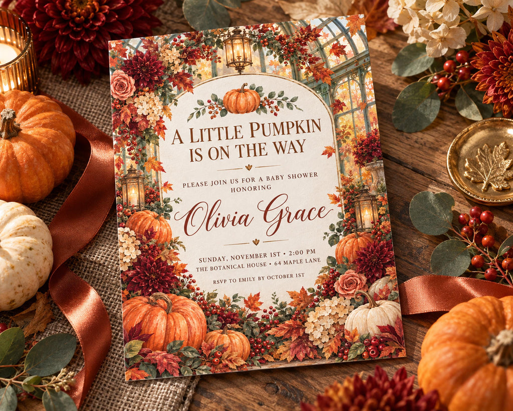 a beautifully designed baby shower invitation with a pumpkin theme, surrounded by autumn decorations such as pumpkins, leaves, and flowers.
