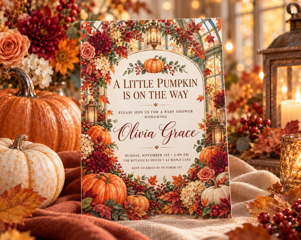 a beautifully decorated invitation card for a baby shower, with a festive autumn theme. The card is surrounded by various fall decorations, including pumpkins, gourds, and leaves, creating a warm and inviting atmosphere.