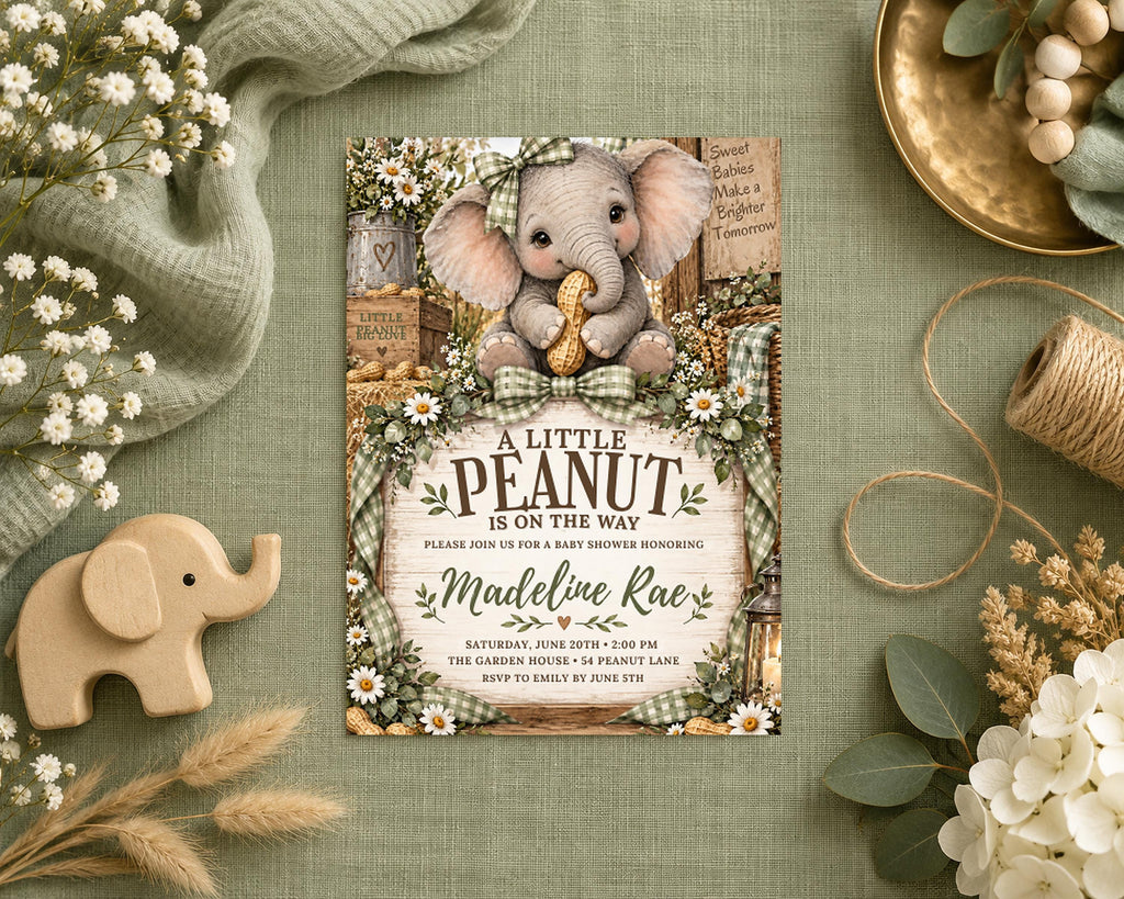 A baby shower invitation featuring an elephant and the text "A LITTLE PEANUT IS ON THE WAY" surrounded by floral decorations and a wooden elephant toy.