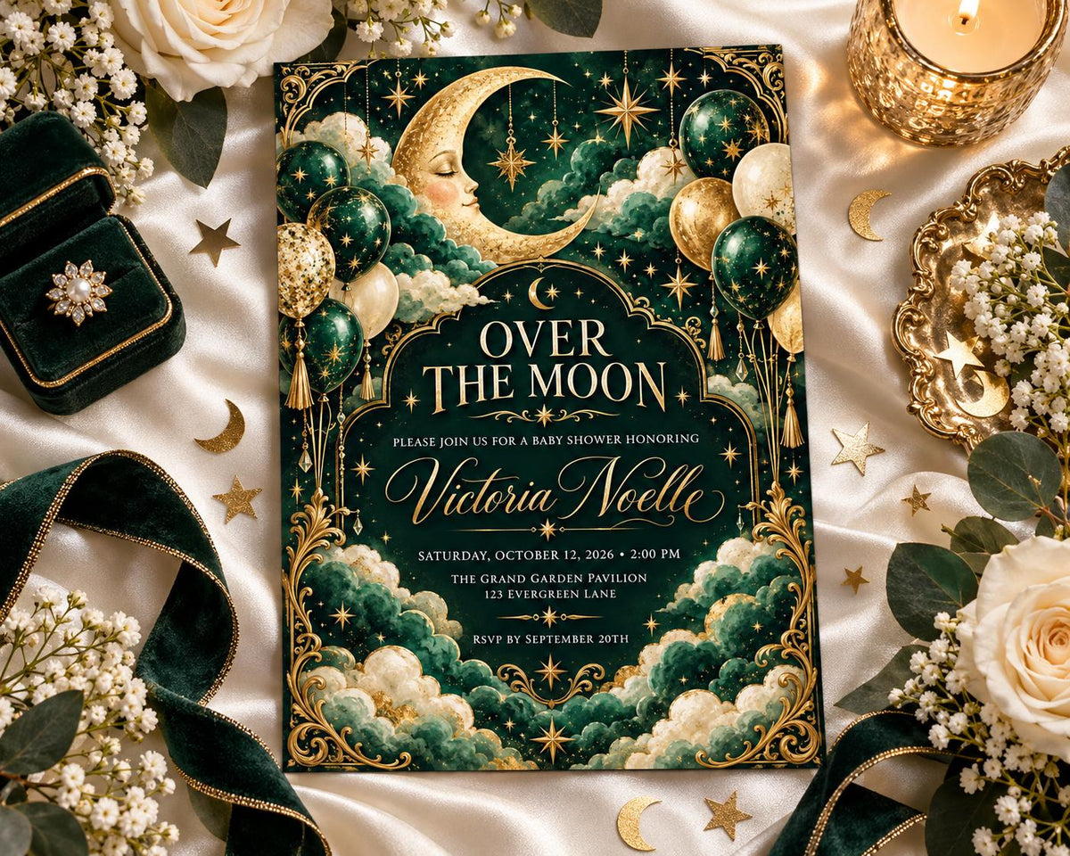 a baby shower invitation with a moon and star theme, surrounded by decorative elements such as flowers, a candle, and a ring box.
