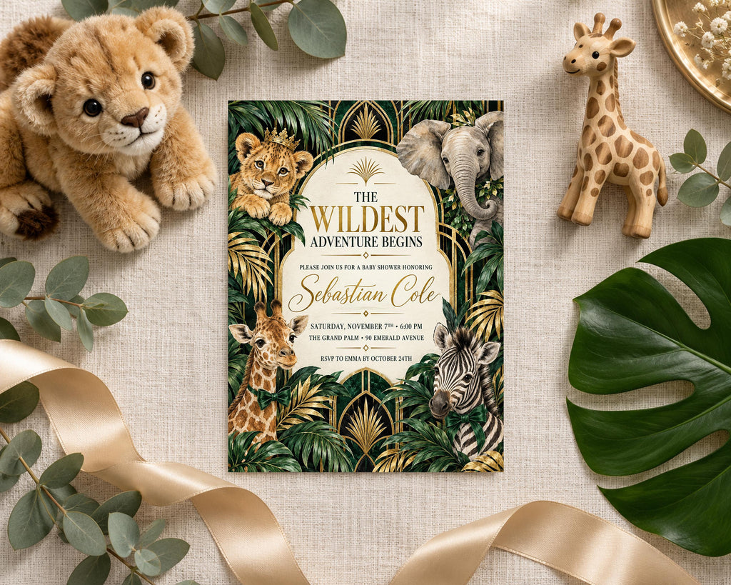 a jungle-themed invitation card with illustrations of a lion, an elephant, and a giraffe, surrounded by greenery and a ribbon.