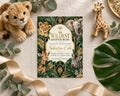 a jungle-themed invitation card with illustrations of a lion, an elephant, and a giraffe, surrounded by greenery and a ribbon.
