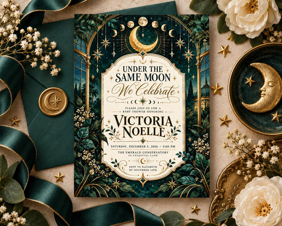 The image is a birthday invitation for Victoria Noelle, featuring a moon and star theme with a crescent moon and stars. The invitation is surrounded by decorative elements such as flowers, a ribbon, and a crescent moon.