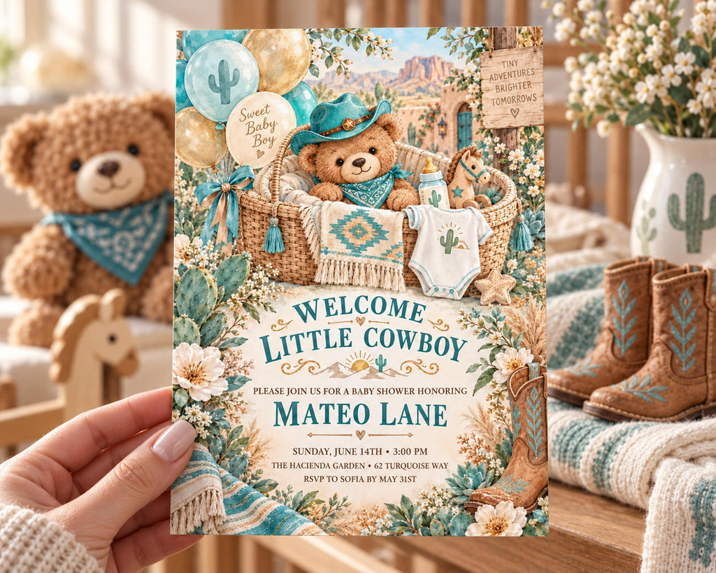 A hand holding a baby shower invitation featuring a teddy bear, balloons, and a basket with a baby.