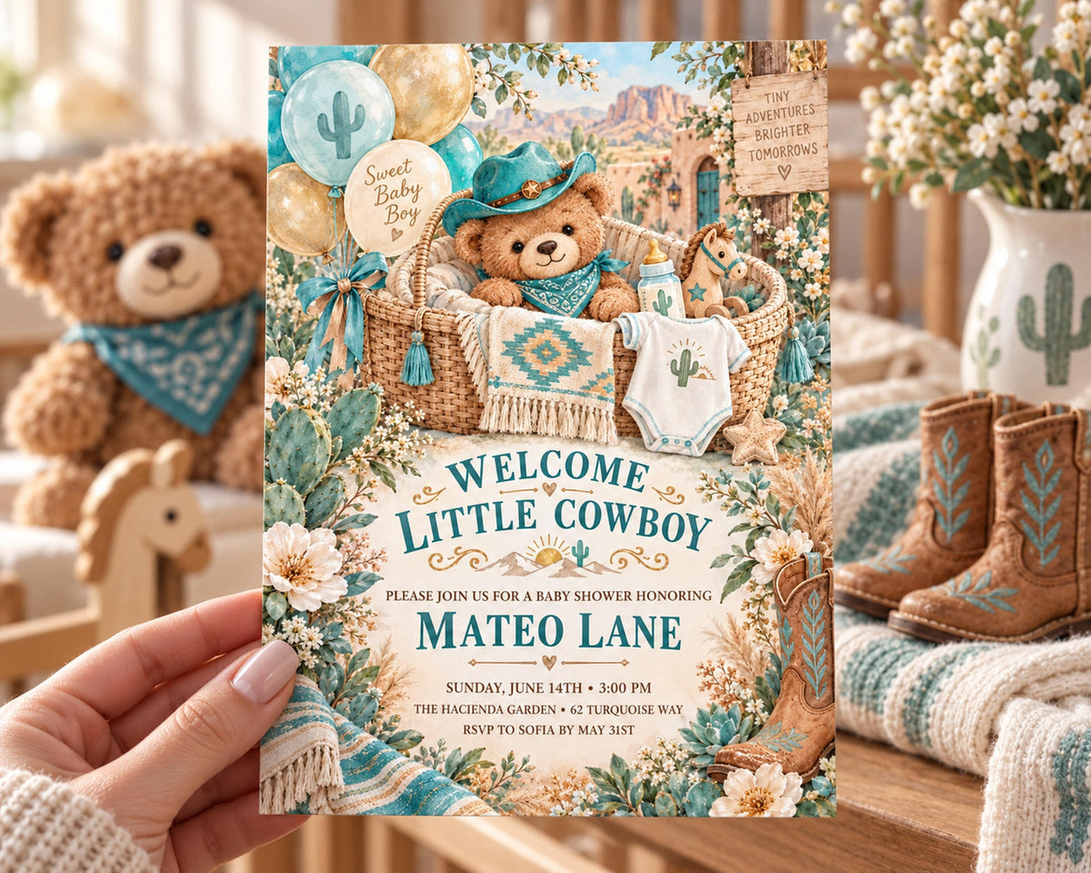 A hand holding a baby shower invitation featuring a teddy bear, balloons, and a basket with a baby.