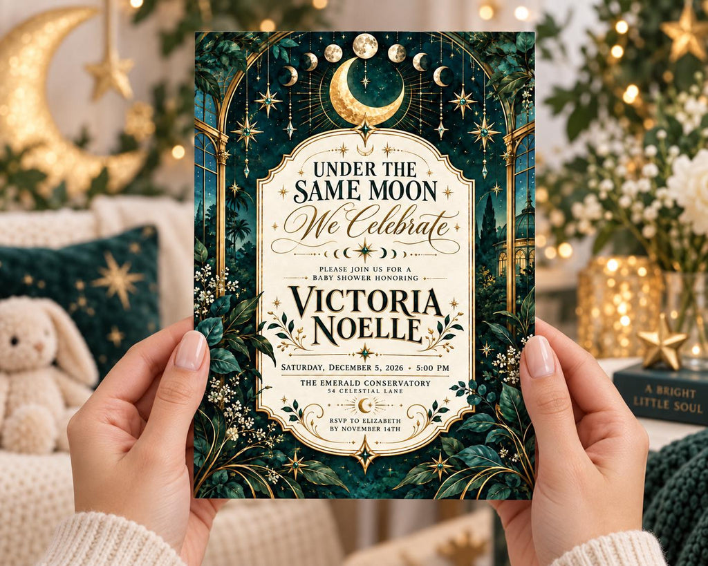 A person's hands holding a baby shower invitation with a moon and star theme, featuring a floral design and text.
