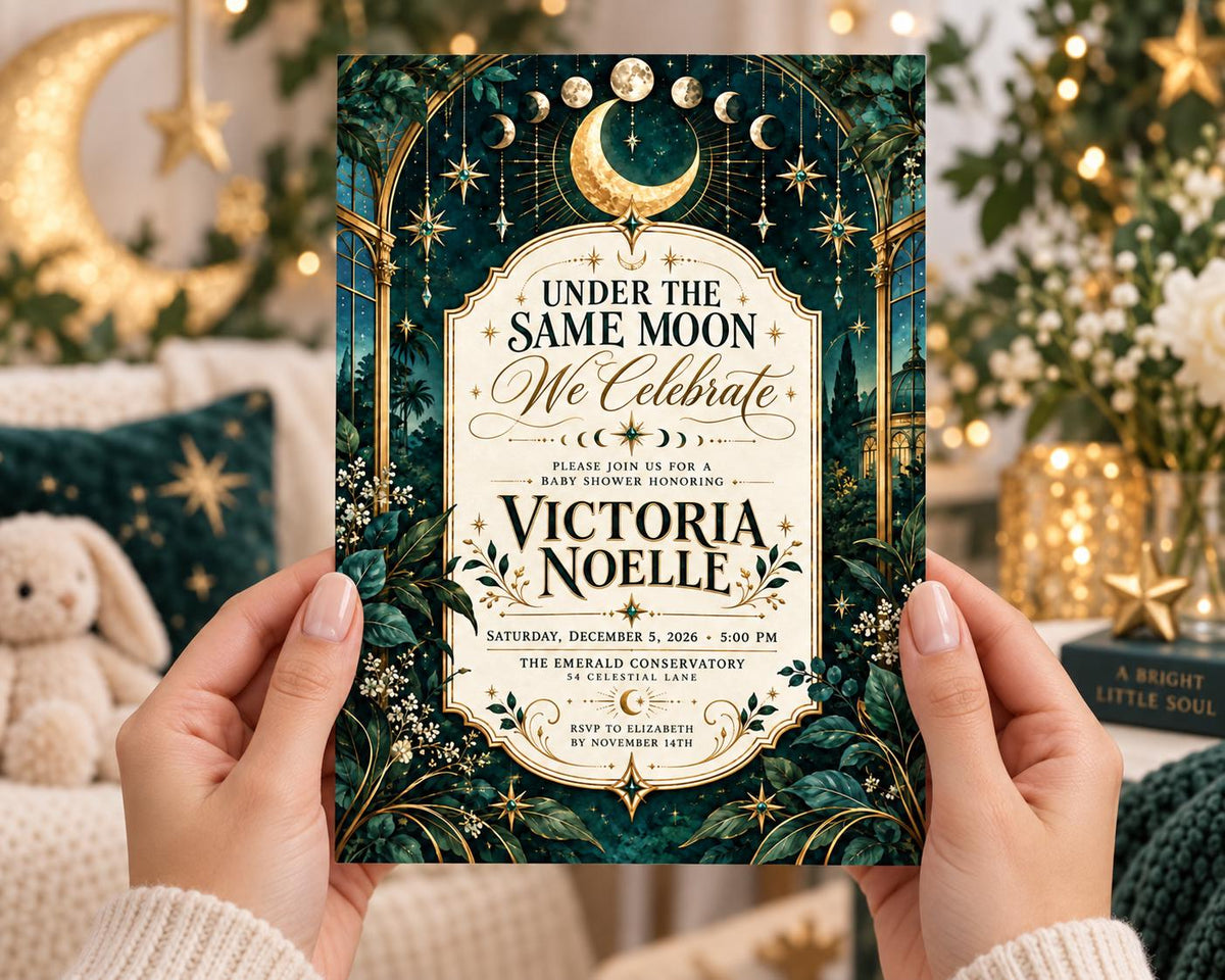 A person's hands holding a baby shower invitation with a moon and star theme, featuring a floral design and text.