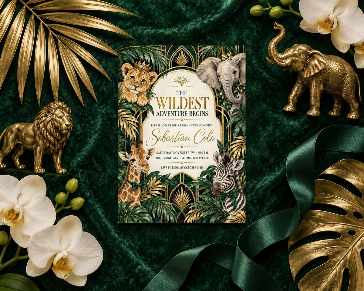 a wedding invitation with a tropical theme, surrounded by various decorative elements such as gold leaves, flowers, and figurines.