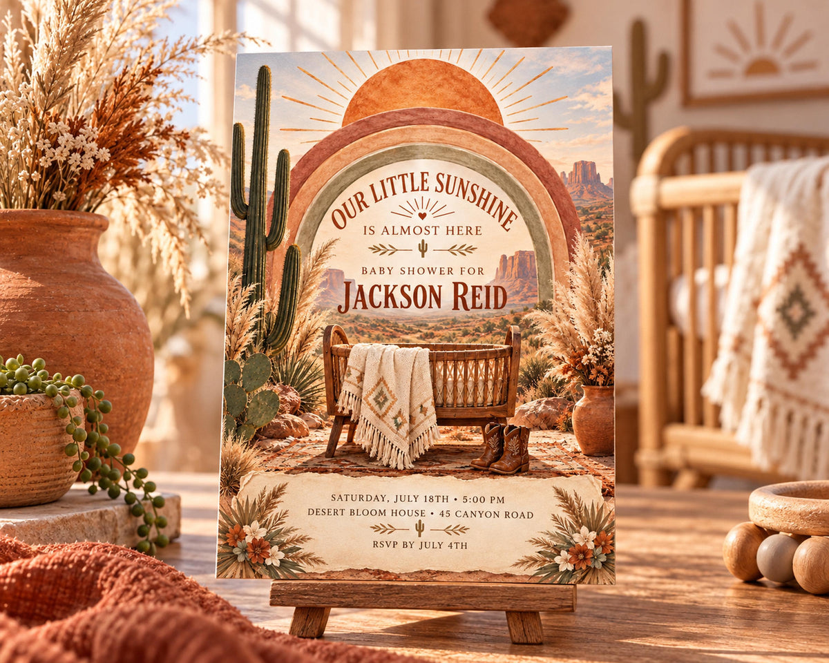The image is a baby shower invitation featuring a desert landscape with a cactus and a rocking chair, along with text that reads "Our little sunshine is almost here Baby shower for Jackson Reid".