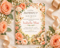 The image is a baby shower invitation featuring a floral design with roses, butterflies, and greenery. The text invites guests to a baby shower honoring Isabella Mae and provides details about the event, including the date, time, location, and RSVP instructions.