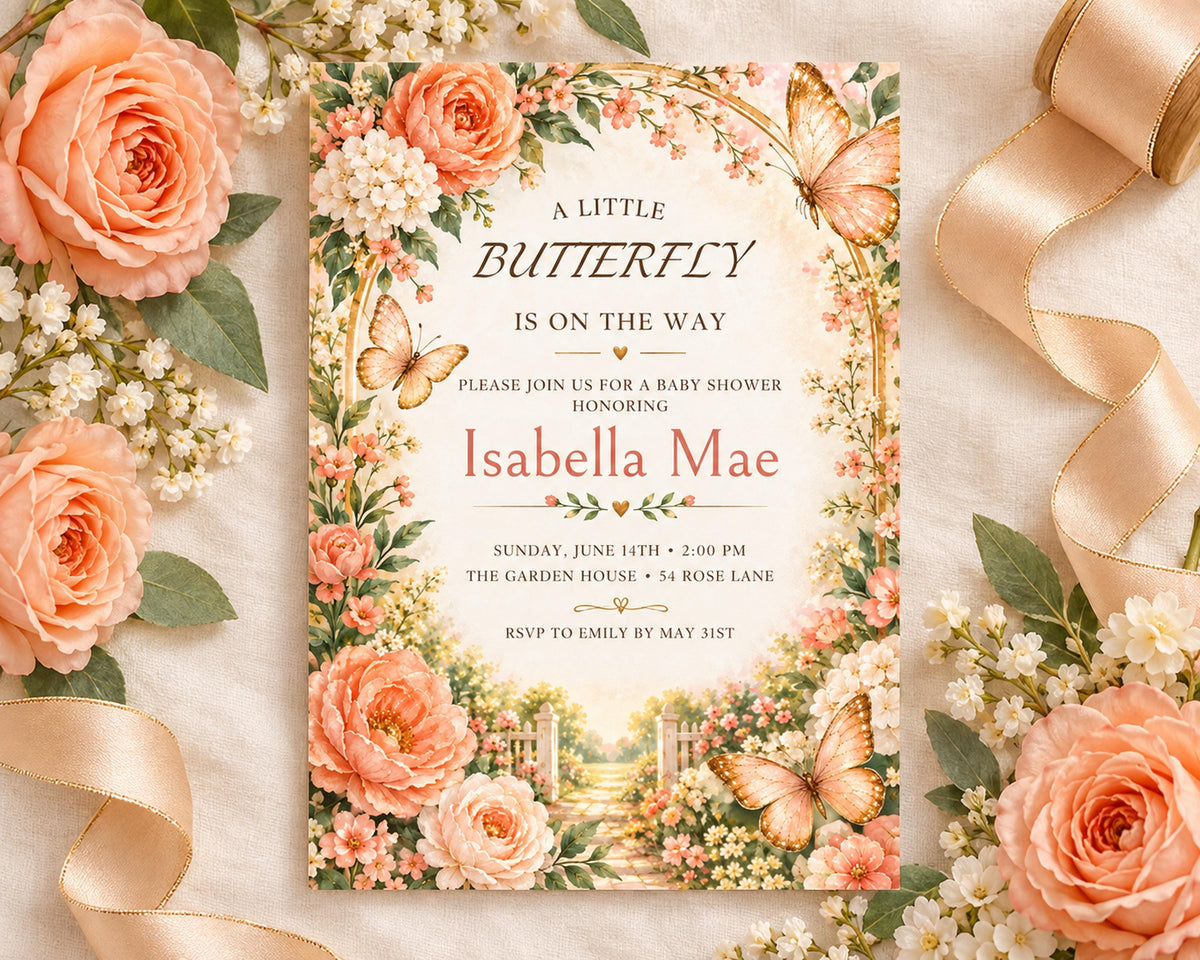 The image is a baby shower invitation featuring a floral design with roses, butterflies, and greenery. The text invites guests to a baby shower honoring Isabella Mae and provides details about the event, including the date, time, location, and RSVP instructions.