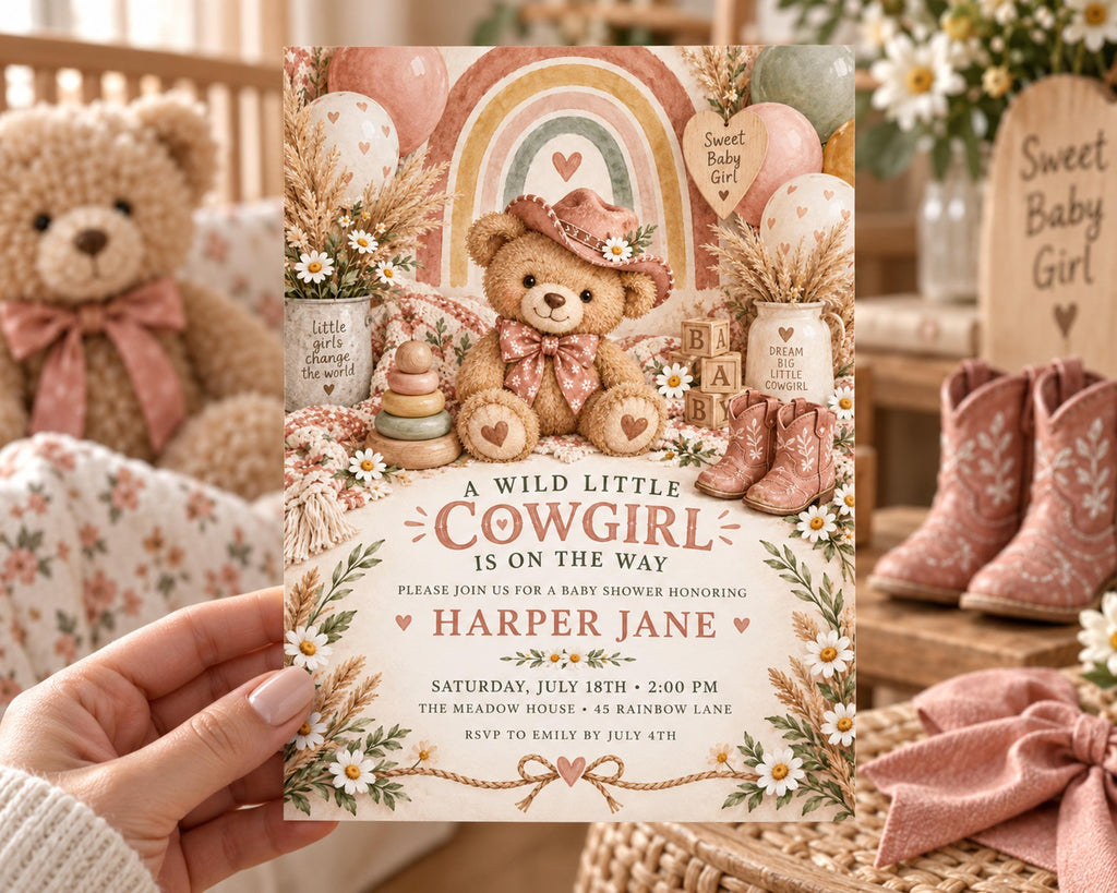 A hand holding a baby shower invitation featuring a teddy bear, balloons, and other baby-themed decorations.