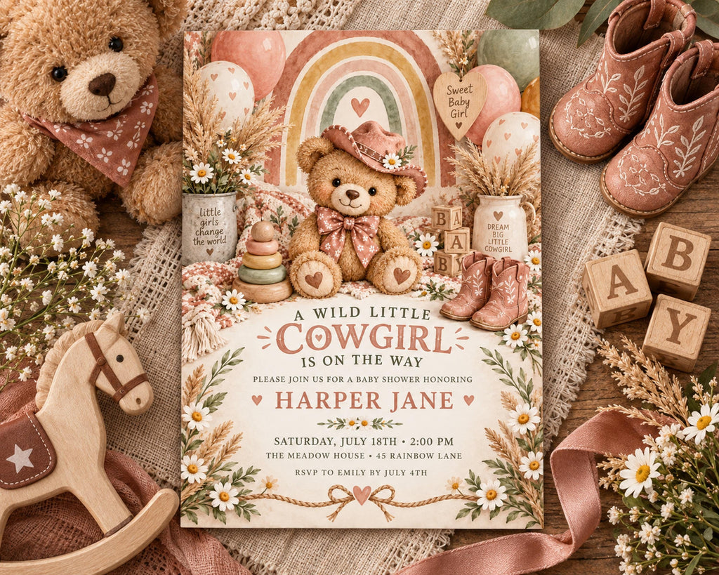 The image is a baby shower invitation featuring a teddy bear, balloons, and other baby-themed items arranged on a wooden surface.