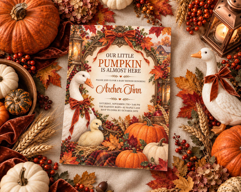 a pumpkin-themed invitation surrounded by autumn decorations such as gourds, pumpkins, and leaves.