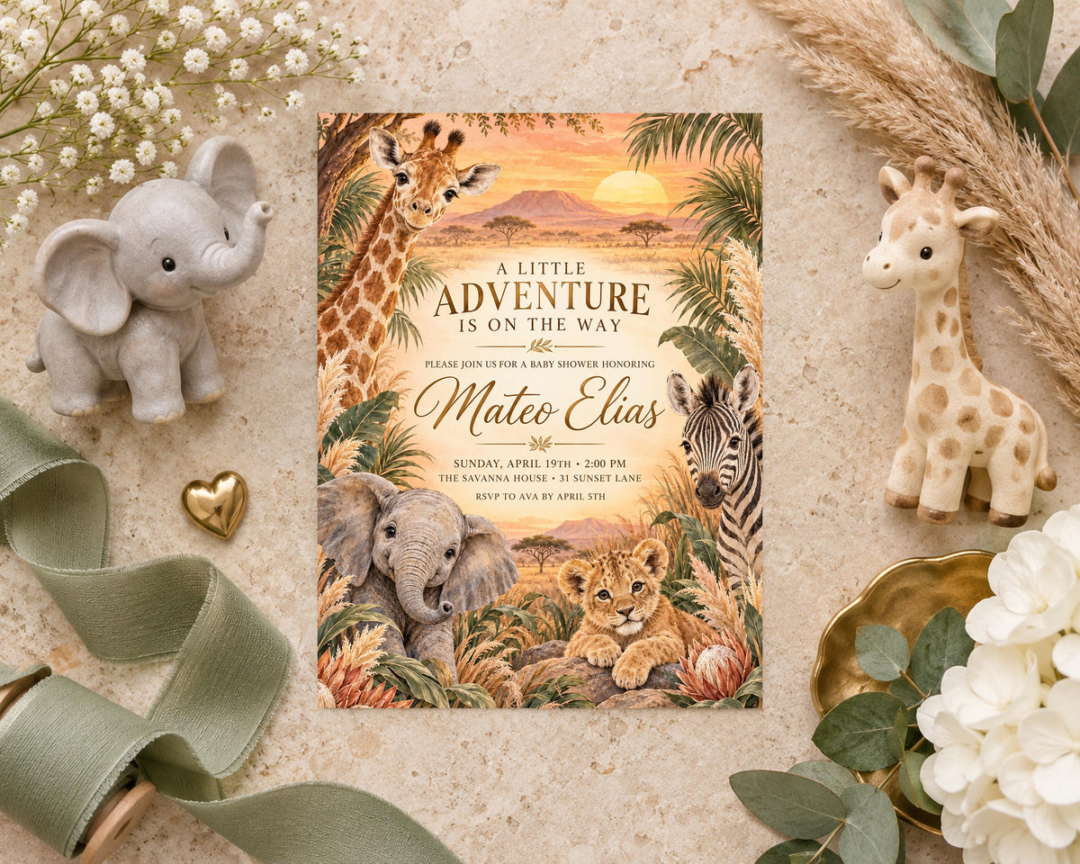 a baby shower invitation with a jungle theme, surrounded by various decorative elements such as stuffed animals, flowers, and a ribbon.