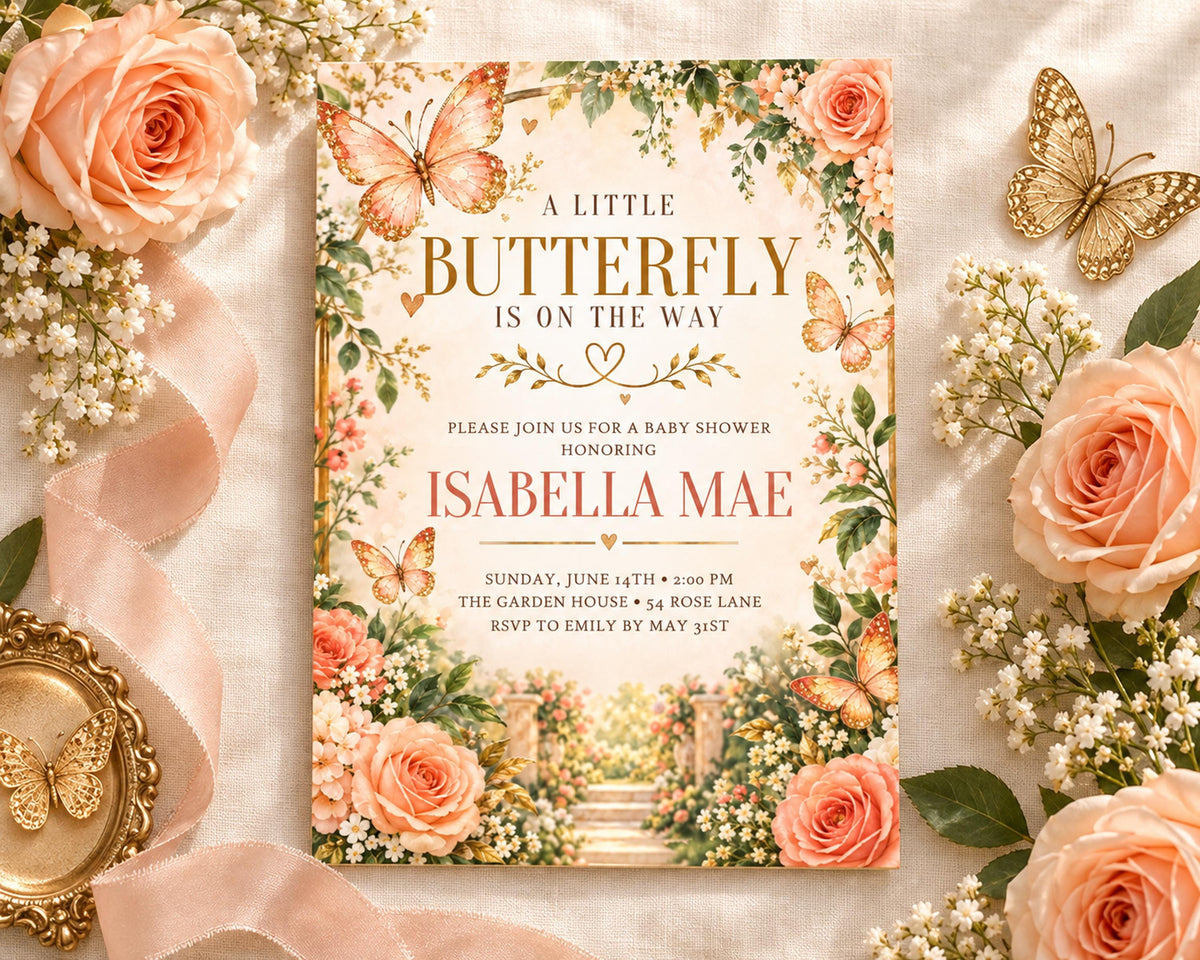 The image is a baby shower invitation featuring a floral design with roses, butterflies, and greenery.