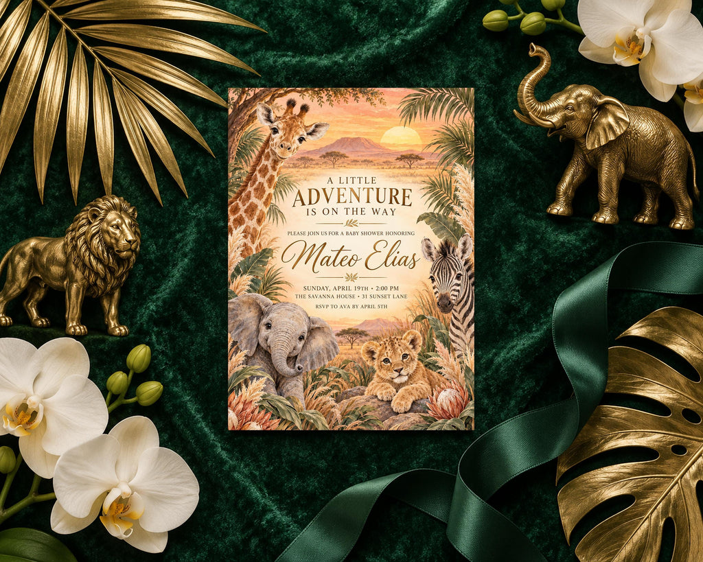 a vibrant invitation card with a jungle theme, surrounded by various decorative elements such as a golden lion, elephant, and palm leaves, as well as white orchids and a green ribbon.
