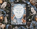 A winter-themed baby shower invitation featuring a snowflake design, with illustrations of animals such as a deer, rabbit, and bear, surrounded by snow, pine cones, and other winter decorations.