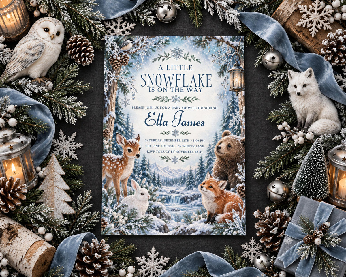A winter-themed baby shower invitation featuring a snowflake design, with illustrations of animals such as a deer, rabbit, and bear, surrounded by snow, pine cones, and other winter decorations.
