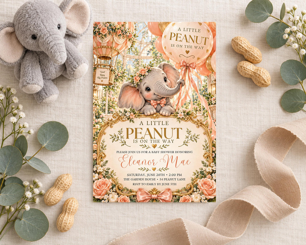A baby shower invitation featuring a cute elephant and flowers, surrounded by stuffed animals and greenery.