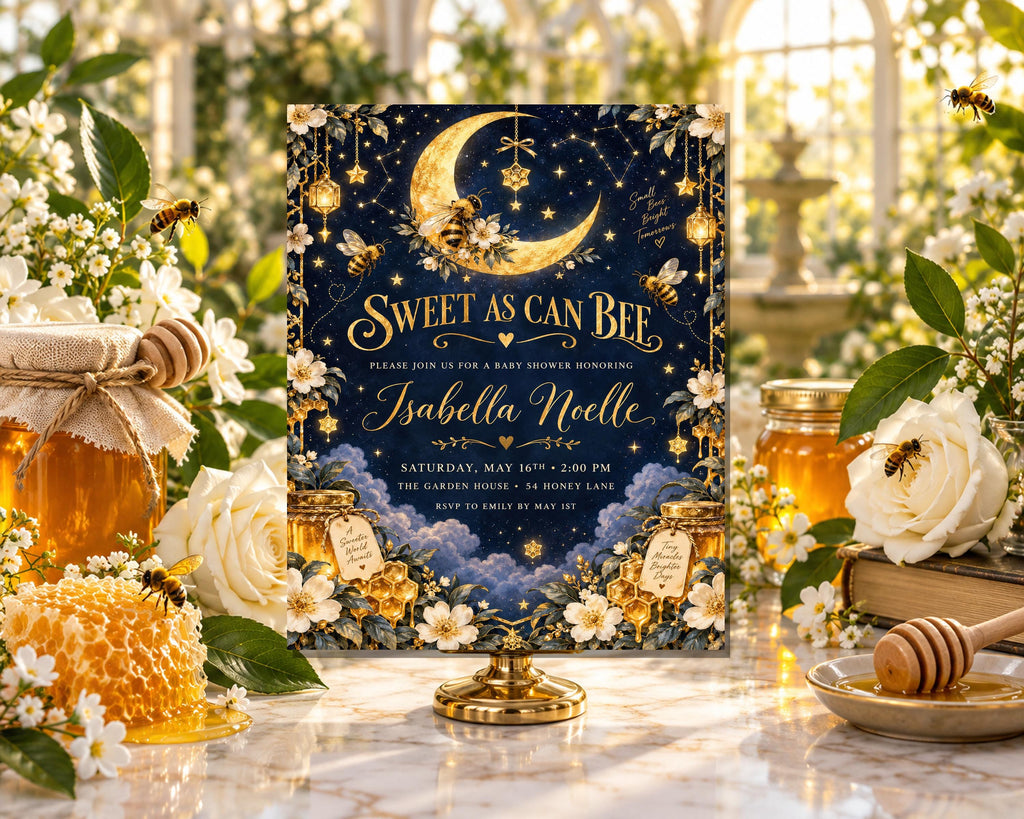 a beautifully designed invitation card for a baby shower, adorned with a crescent moon, flowers, and honeycombs. The card is placed on a table surrounded by honey jars, flowers, and a book, creating a warm and inviting atmosphere.