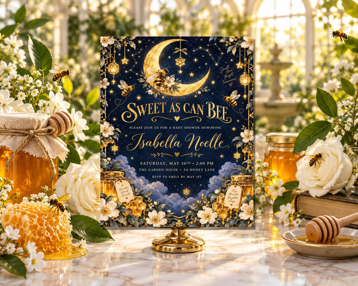 a beautifully designed invitation card for a baby shower, adorned with a crescent moon, flowers, and honeycombs. The card is placed on a table surrounded by honey jars, flowers, and a book, creating a warm and inviting atmosphere.