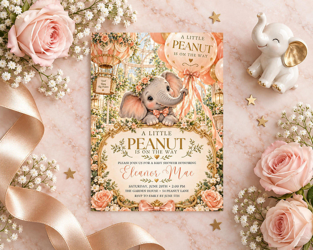 A baby shower invitation featuring a cute elephant and pink flowers, with a baby shower theme.