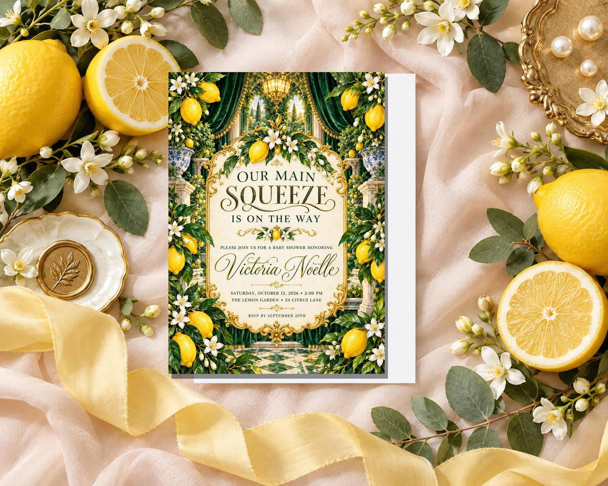 a wedding invitation with a green and gold design, surrounded by various fruits and flowers.