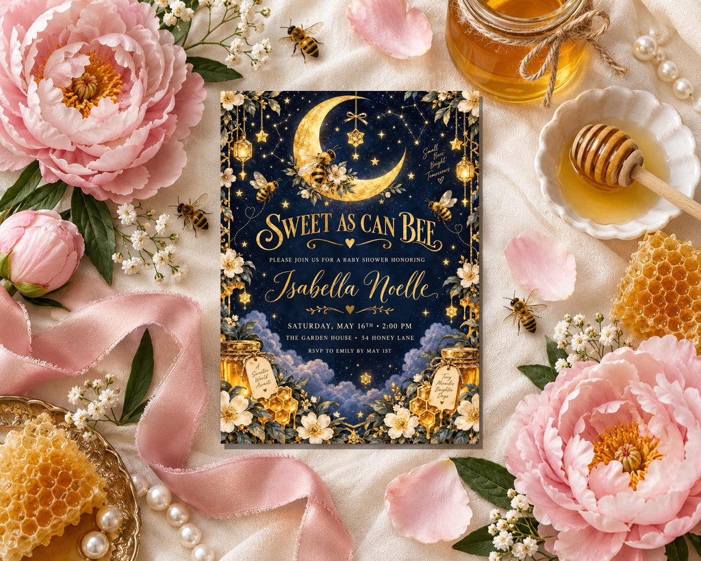 a baby shower invitation with a moon and star theme, surrounded by various floral elements and honeycombs.