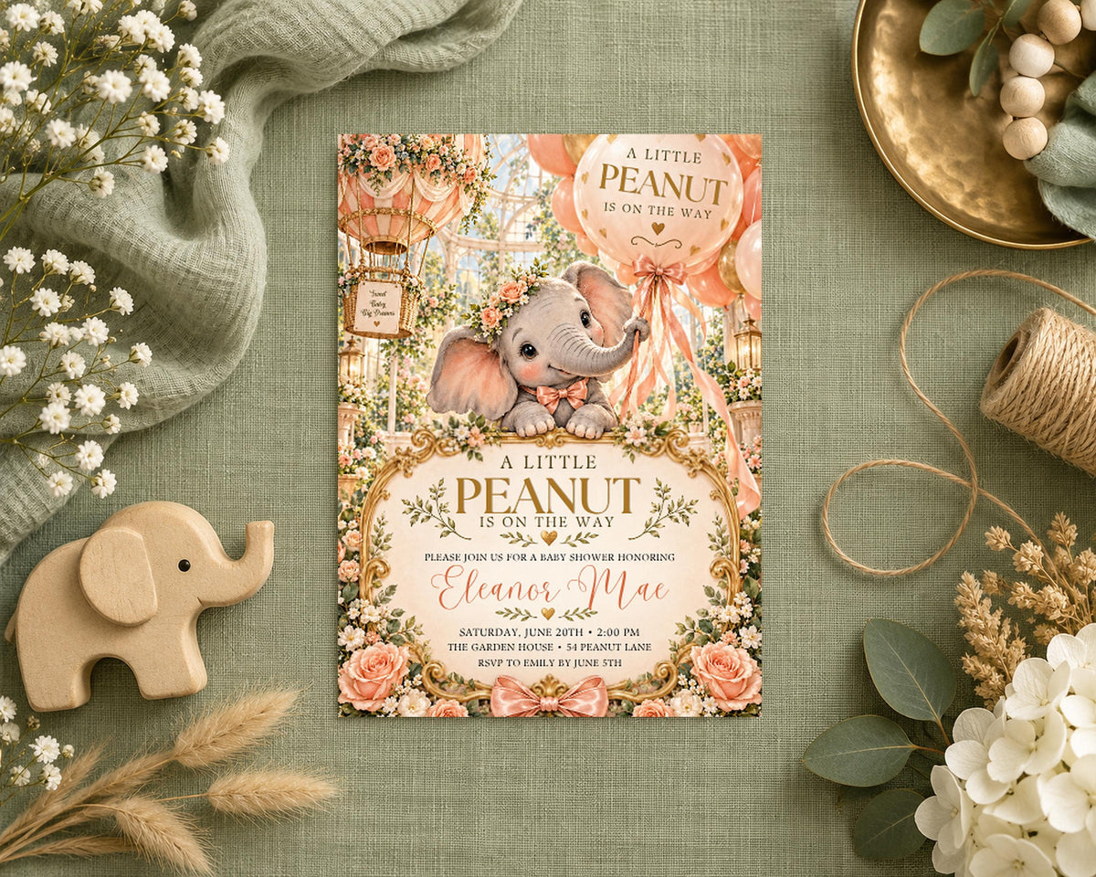 A baby shower invitation featuring an elephant and balloons, surrounded by decorative elements such as flowers, a wooden elephant, and twine.