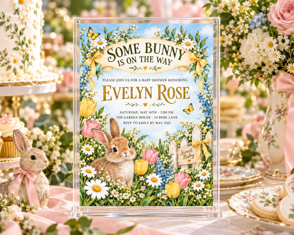 The image is a baby shower invitation featuring a bunny and flowers, with a pink and white color scheme.