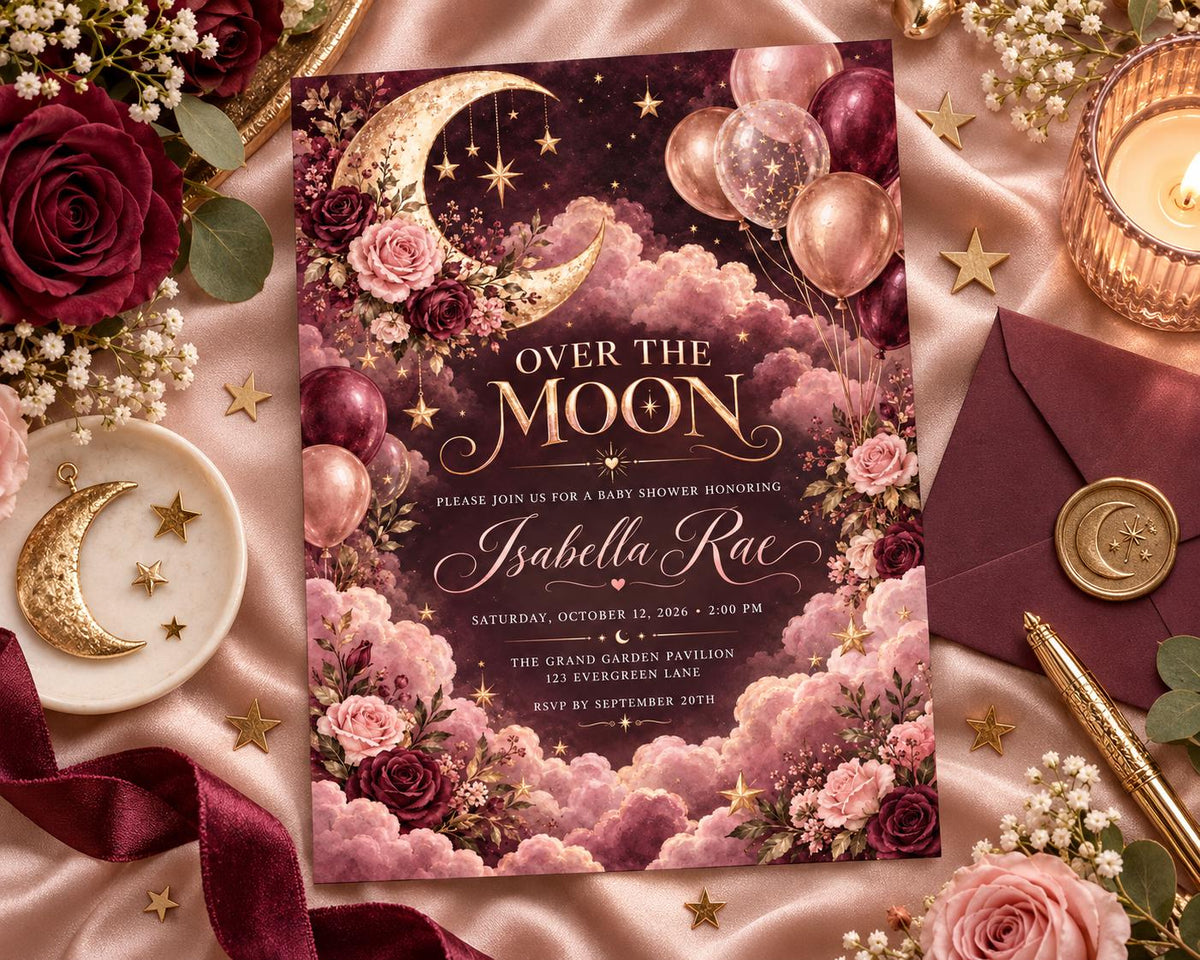 a beautifully designed invitation card with a moon and star theme, surrounded by various decorative elements such as flowers, stars, and a crescent moon.