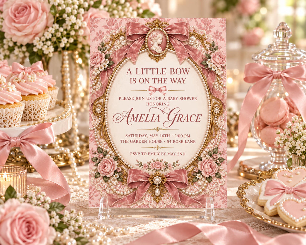 Little Bow Baby Shower Invitation, Vintage Pink Cameo Canva Template, 5x7