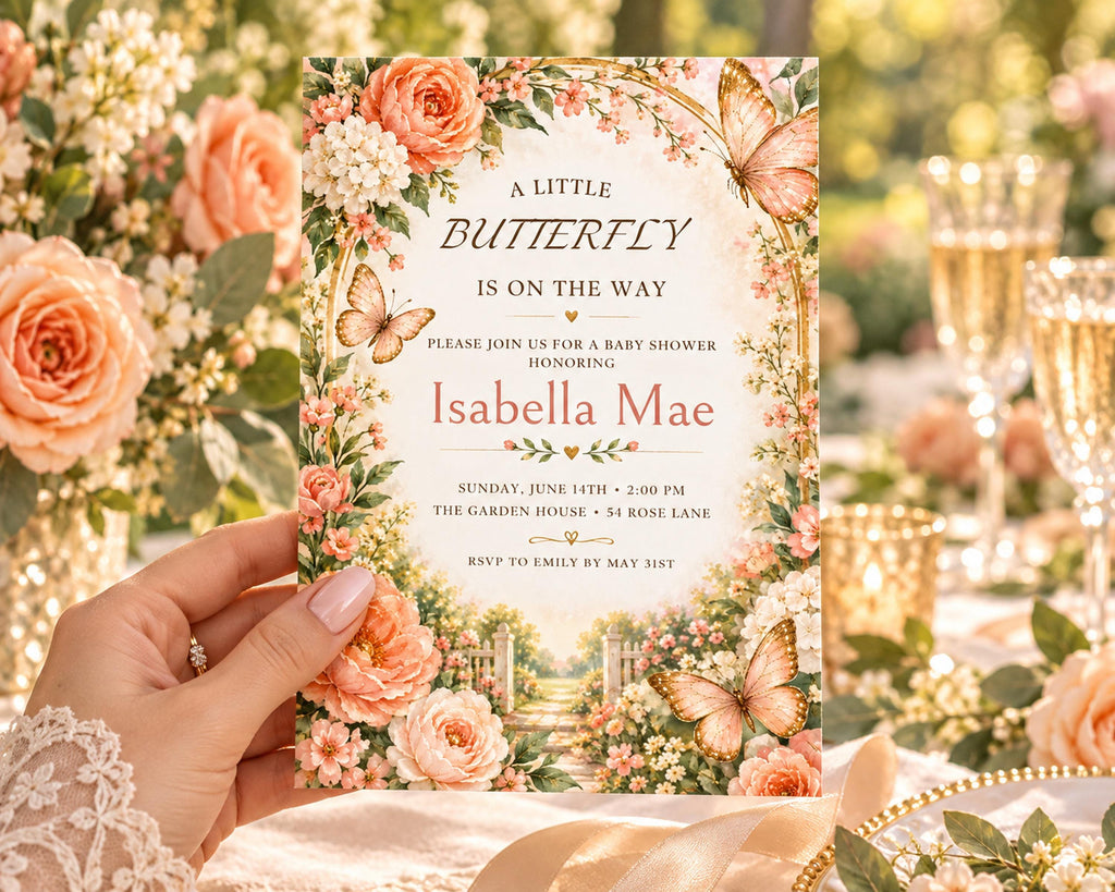 A hand holding a floral baby shower invitation with a butterfly design.