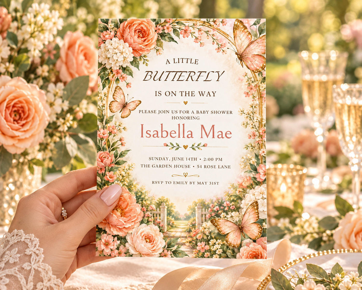 A hand holding a floral baby shower invitation with a butterfly design.