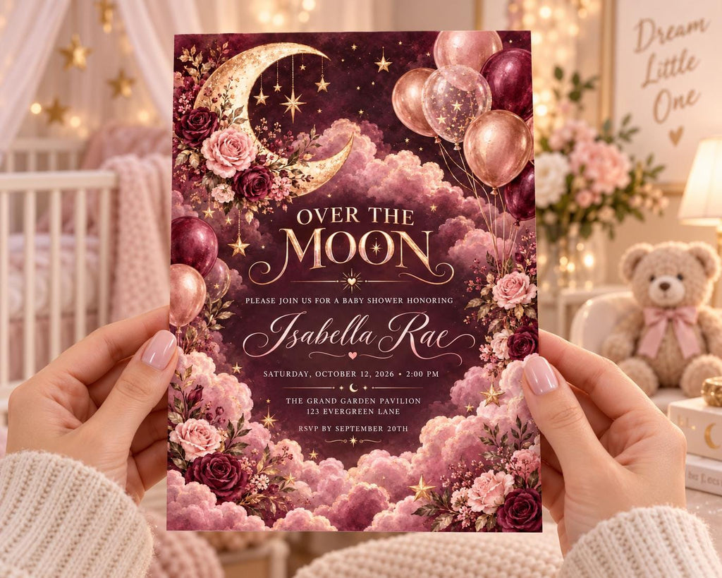 A person is holding a baby shower invitation with a moon and stars theme, featuring pink and red flowers, balloons, and a teddy bear in the background.