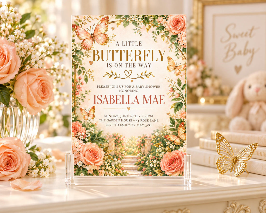 A floral-themed baby shower invitation for a baby named Isabela Mae, with a butterfly design and a rose bouquet in the background.