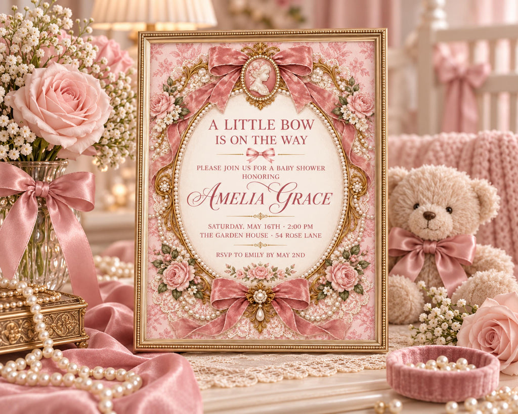 A framed baby shower invitation with a pink and gold floral design, surrounded by pink flowers, pearls, and a teddy bear.