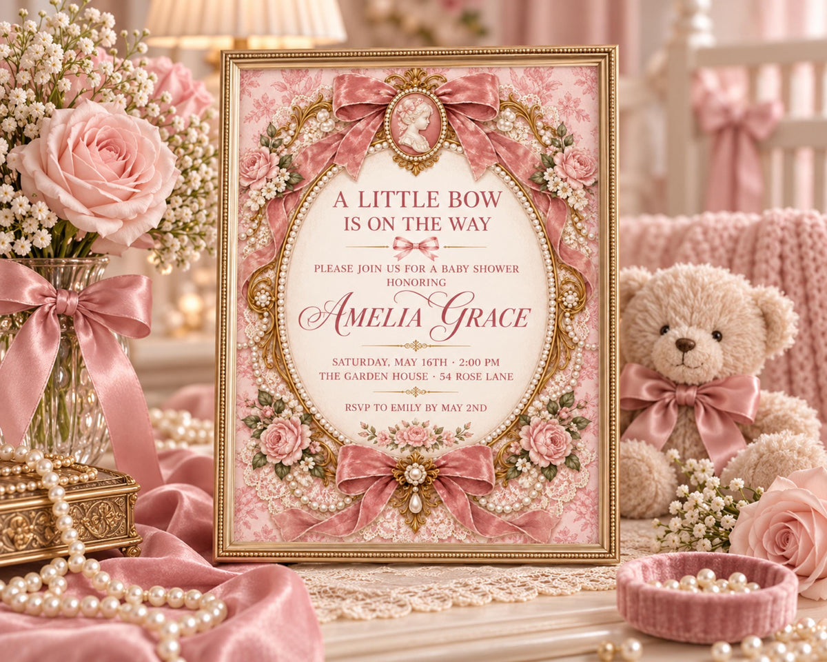 A framed baby shower invitation with a pink and gold floral design, surrounded by pink flowers, pearls, and a teddy bear.