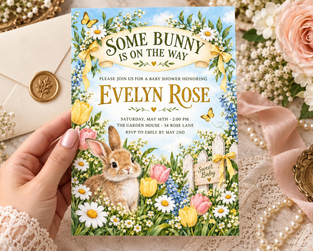 a hand holding a baby shower invitation featuring a bunny and flowers, with a garden scene and a rose in the background.