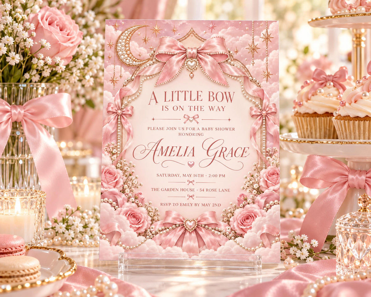A pink and gold baby shower invitation for a baby shower for a girl named Amelia Grace, with a floral design and bows.