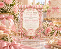 A pink and gold baby shower invitation for a baby shower for Amelia Grace, with a table full of pink and gold decorations, including flowers, ribbons, and cakes.