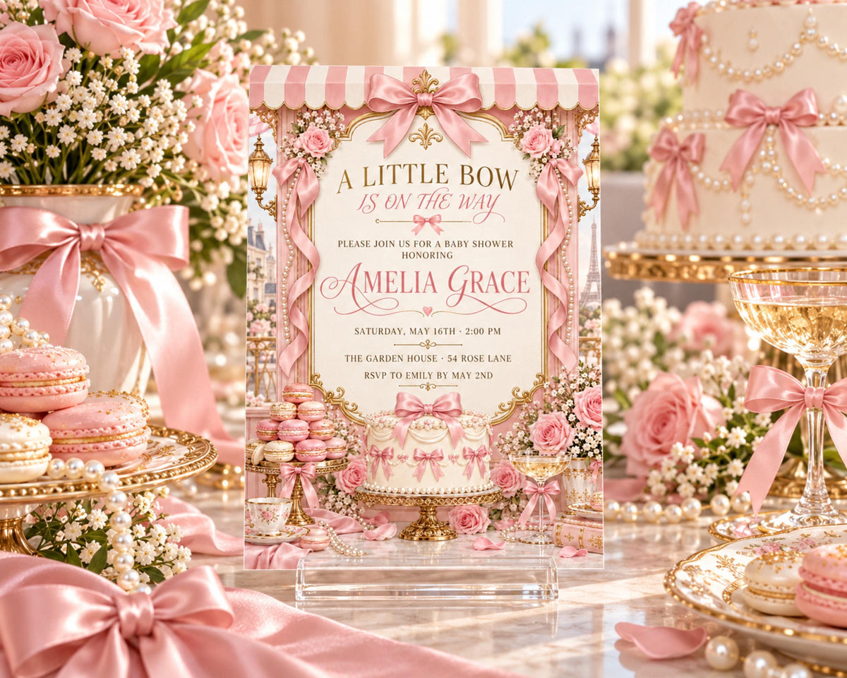A pink and gold baby shower invitation for a baby shower for Amelia Grace, with a table full of pink and gold decorations, including flowers, ribbons, and cakes.