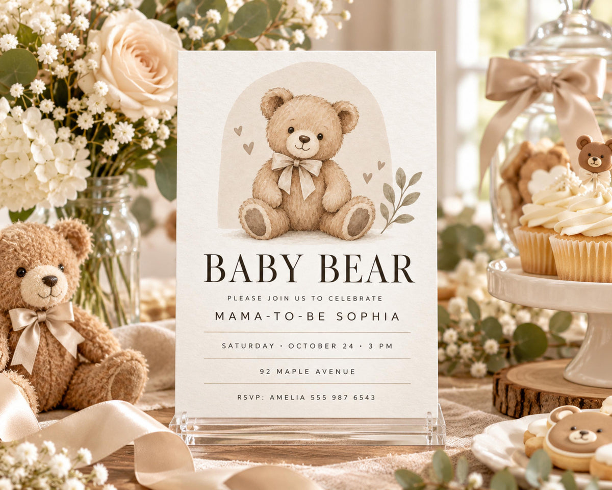 The image is a baby bear-themed invitation for a baby shower, featuring a teddy bear illustration and text inviting guests to celebrate the upcoming arrival of a baby named MAMMA-TO-BE SOPHIA.