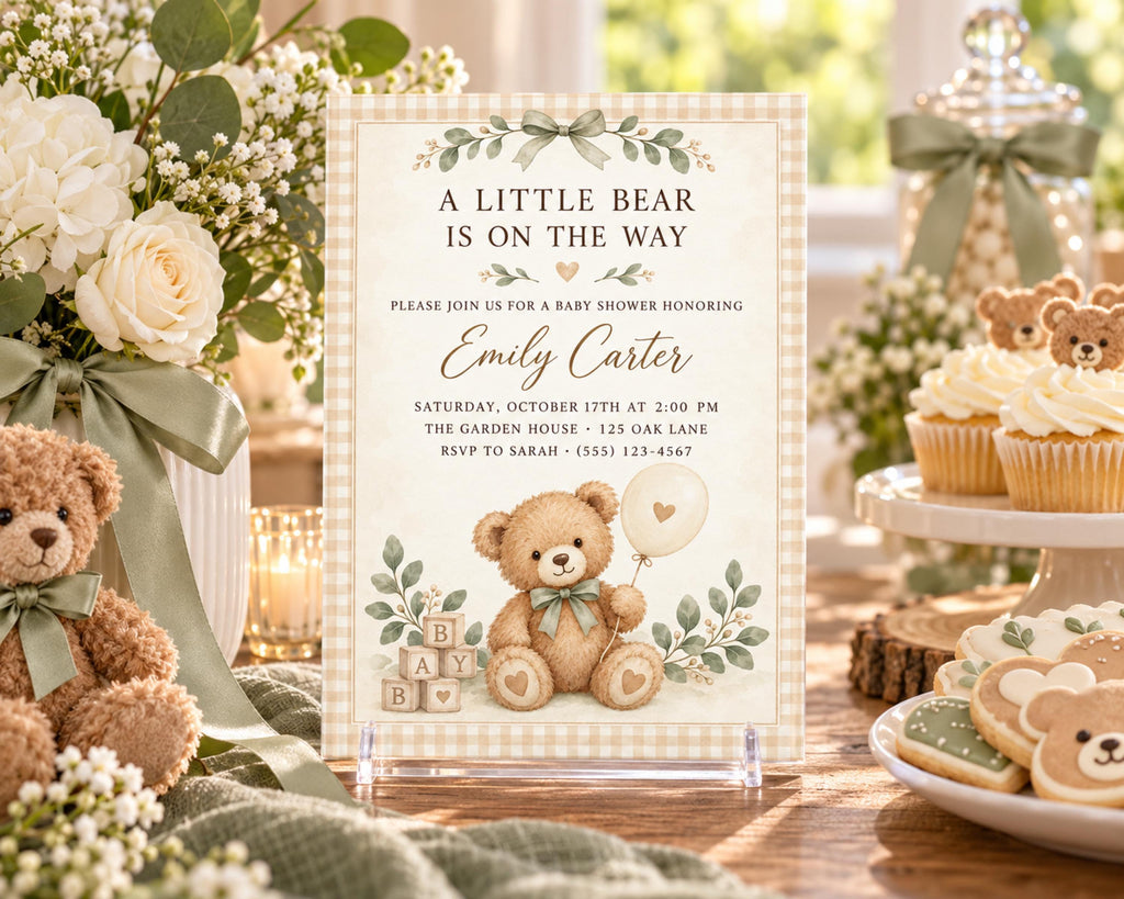 The image is a baby shower invitation featuring a teddy bear theme, with a table displaying various baby-related items such as cupcakes, teddy bears, and a vase of flowers.
