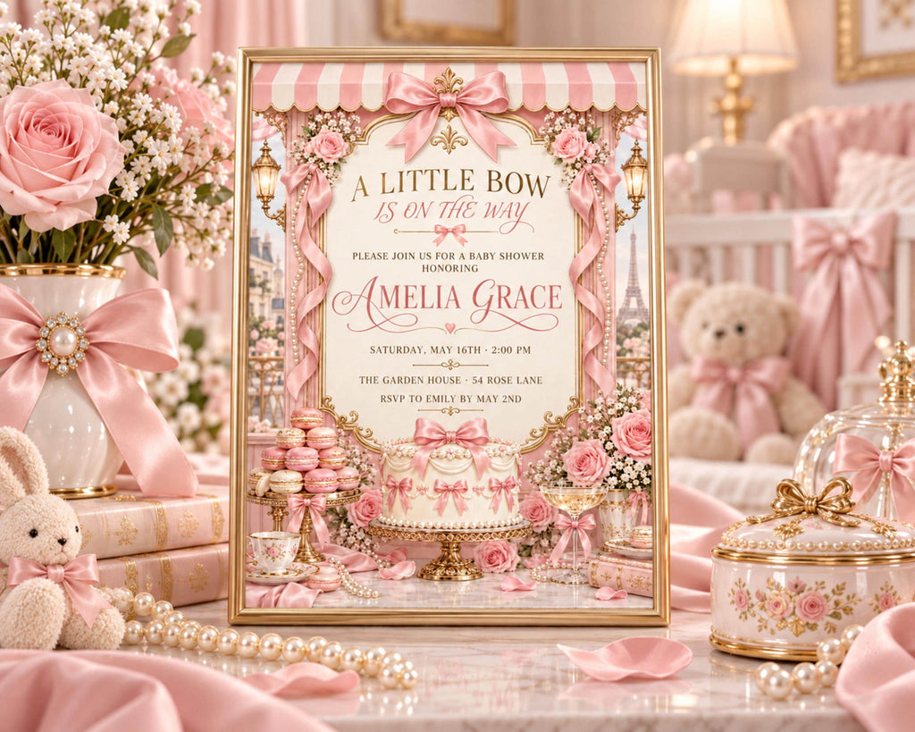 A pink and white baby shower invitation for a baby named Amelia Grace, with a pink and white color scheme and decorative elements such as flowers, ribbons, and a teddy bear.