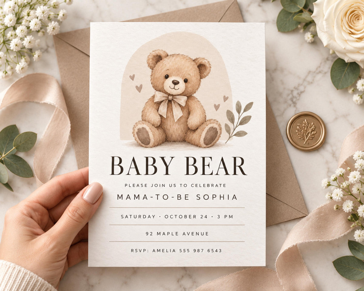 a hand holding a baby bear-themed invitation card with a teddy bear illustration and text inviting guests to a baby shower for a mother-to-be named Sophia.