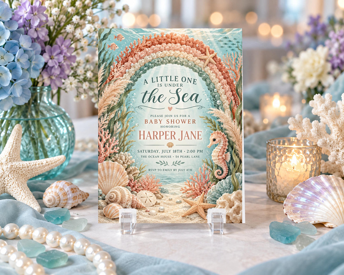 a baby shower invitation with a beach theme, surrounded by seashells, starfish, and flowers.